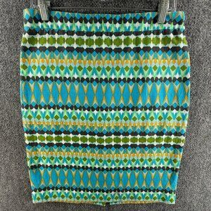 J Crew Pencil Skirt Women Green Blue Geometric Size 6 Back Zip Cotton Office